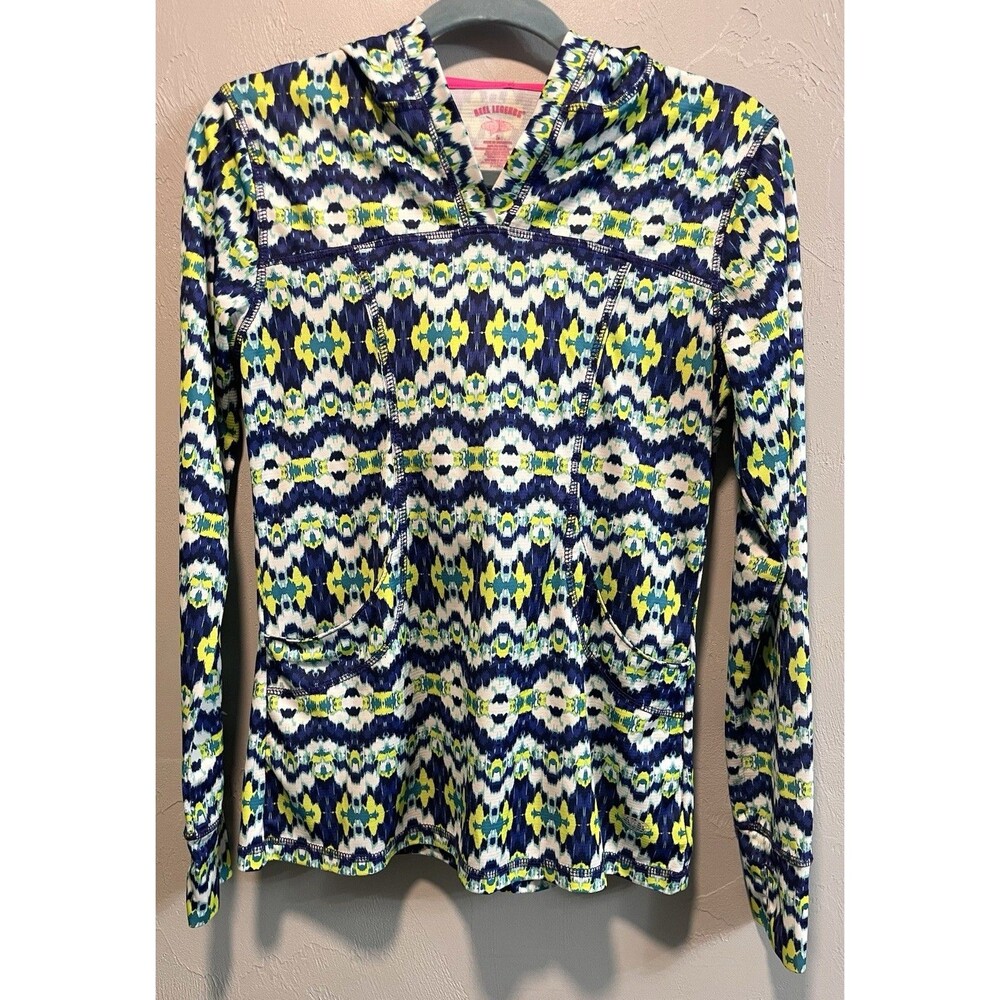 Reel Legends Performance Hoodie Blue Green Ikat Print Long Sleeve Women’s S